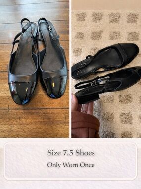 Black Slingback Flats Size 7.5 Patent Toe Cap Strap Dress Shoes Chic Classic